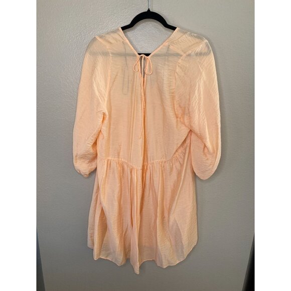 H&M Womens‎ Peach Tunic Dress XL V-Neck Puff Sleeves Viscose Blend oversized - Picture 5 of 7